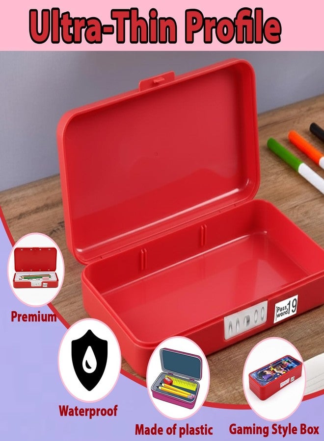 Global Impex Password Lock Plastic Kids Pen & Pencil Gaming Box Kids Stationery Organizer Box with Lock, Compartment & Stencil Partition Tray for Drawing | Fun & Durable Pencil Box for Boys & Girls (Red) - Image 3