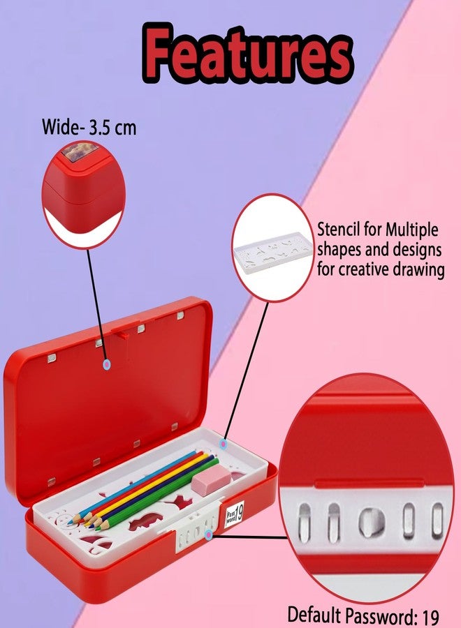 Global Impex Password Lock Plastic Kids Pen & Pencil Gaming Box Kids Stationery Organizer Box with Lock, Compartment & Stencil Partition Tray for Drawing | Fun & Durable Pencil Box for Boys & Girls (Red) - Image 4
