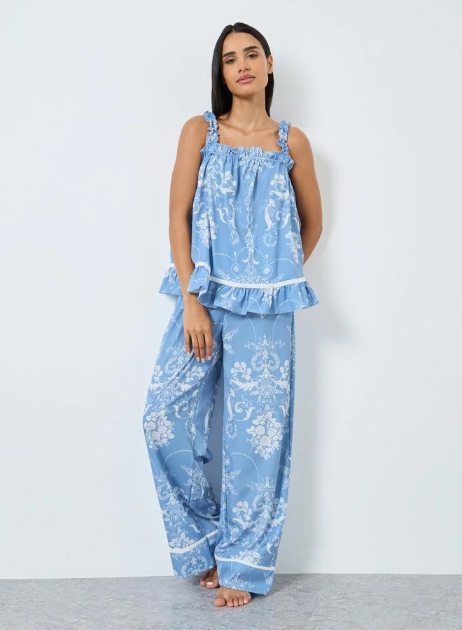 Styli Styli Damask Ruffled Hem Tank and Pyjama Set