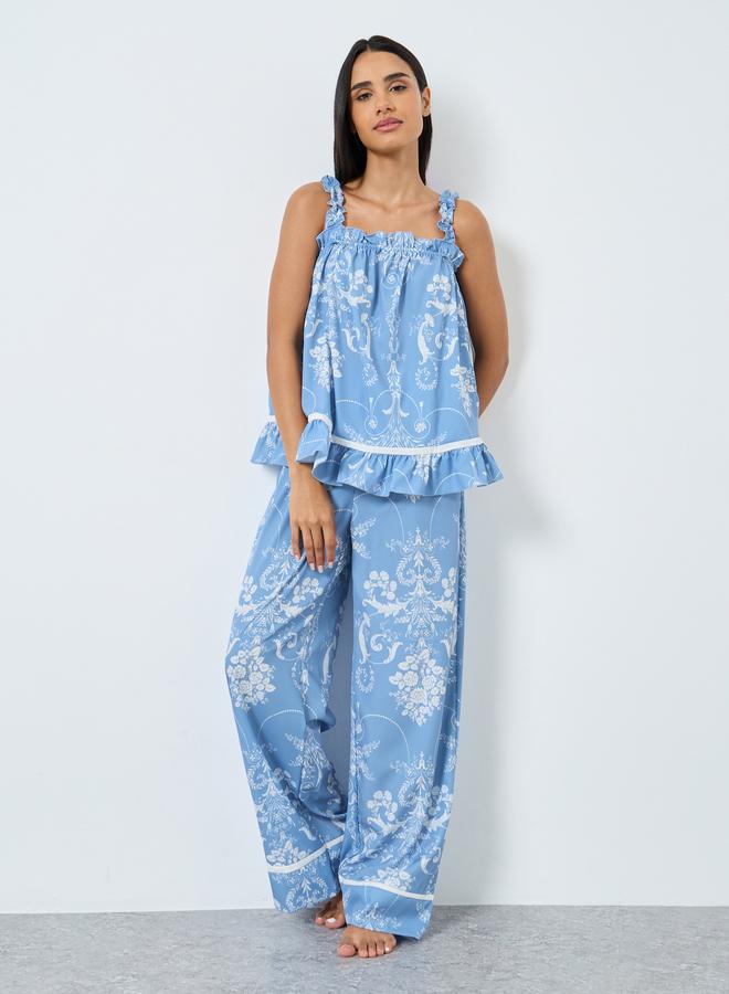 Styli Damask Ruffled Hem Tank and Pyjama Set - Image 2
