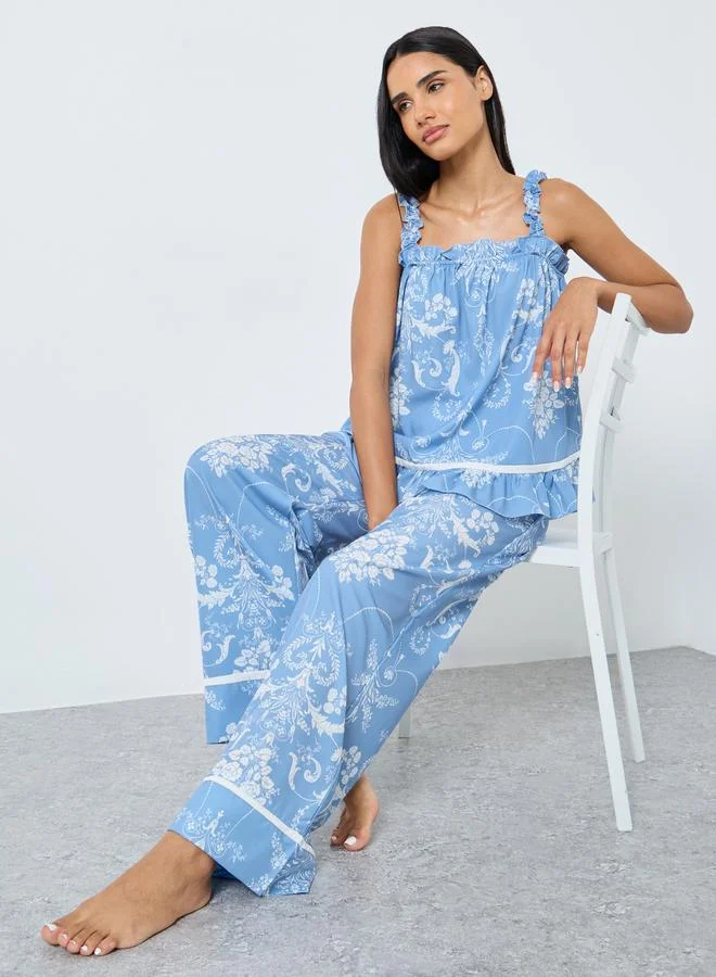 Styli Styli Damask Ruffled Hem Tank and Pyjama Set