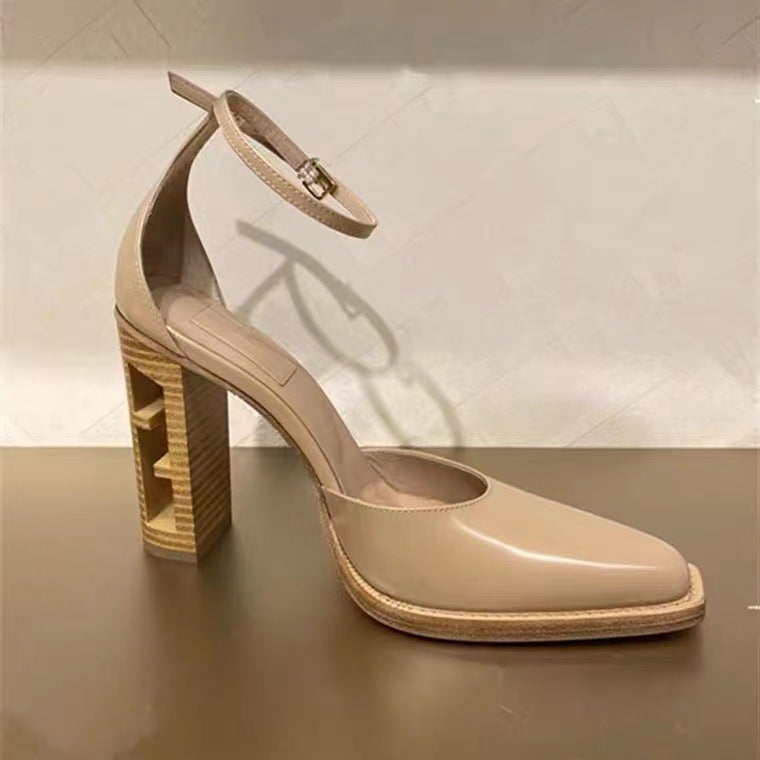 Foreign Trade Large Size High Heels 2025 New Style Cut Out Wood Grain Thick Heel Retro Hollow One-Line Buckle Fashion Shoes Apricot