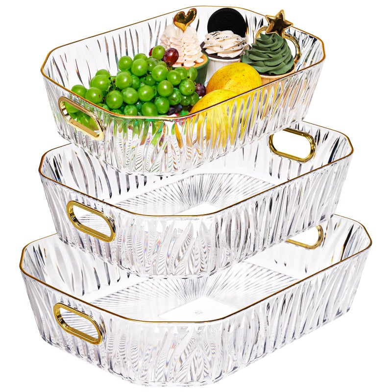 Acshio 3 Pack Clear Serving Tray, Deep Fruit Snack Platter with Handle Gold Rim, Decorative Makeup Organizer Glass Cup Holder for Pantry, Party Food Display, Bathroom - Image 1