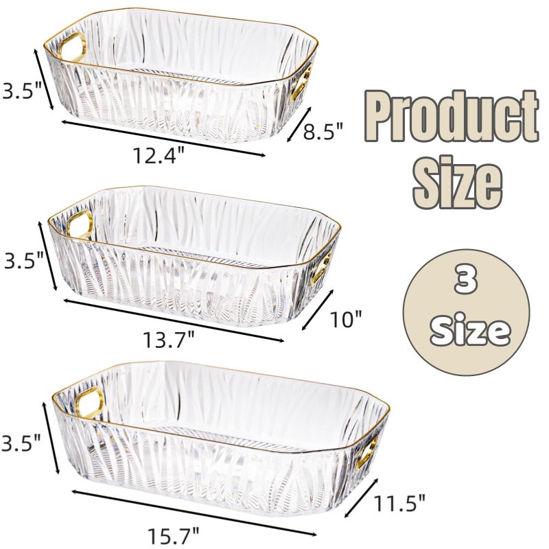 Acshio 3 Pack Clear Serving Tray, Deep Fruit Snack Platter with Handle Gold Rim, Decorative Makeup Organizer Glass Cup Holder for Pantry, Party Food Display, Bathroom - Image 2