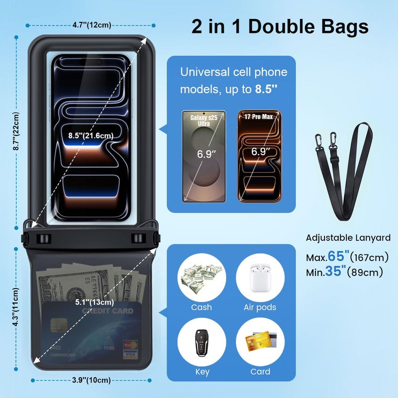 Rynapac [Up to 8.5''] Floating Waterproof Phone Pouch 2 Pack, IPX8 Double Space Waterproof Phone Case with Lanyard for iPhone 17 16 15 Pro Max, Galaxy S26 Ultra, Cellphone Dry Bag Beach Cruise Ship Essentials - Image 5