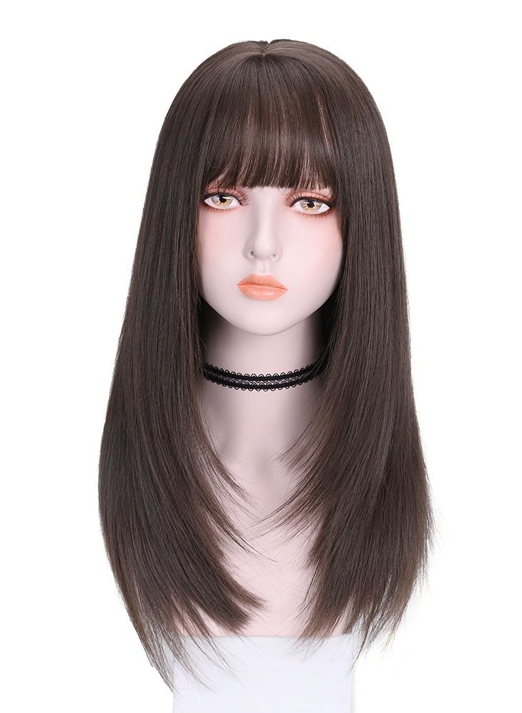 Estelle Female Long Hair Realistic Natural Full Headgear Long Straight Hair Air Bangs Wig Fluffy Net Red Hair Set Color No Cool Brown - Image 2