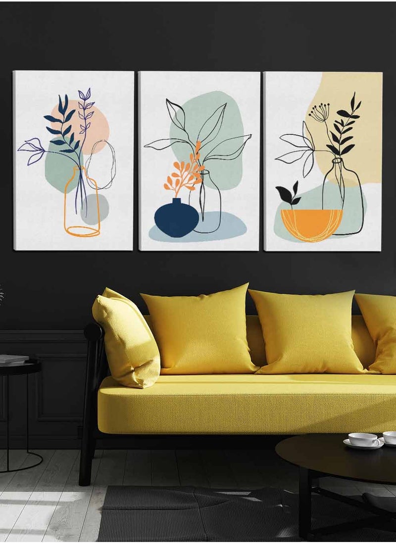 LOWHA Set Of 3 Framed Canvas Wall Arts Stretched Over Wooden Frame, Abstract Jar Flower Leaves Paintings, For Home, Living Room, Office Decor  - Image 1