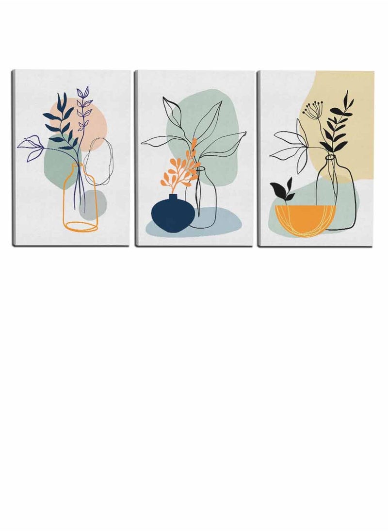 LOWHA Set Of 3 Framed Canvas Wall Arts Stretched Over Wooden Frame, Abstract Jar Flower Leaves Paintings, For Home, Living Room, Office Decor  - Image 4