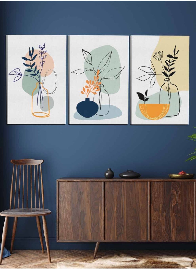 LOWHA Set Of 3 Framed Canvas Wall Arts Stretched Over Wooden Frame, Abstract Jar Flower Leaves Paintings, For Home, Living Room, Office Decor  - Image 2