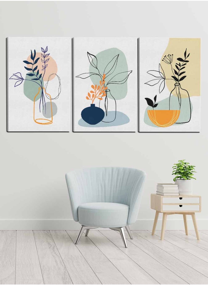 LOWHA Set Of 3 Framed Canvas Wall Arts Stretched Over Wooden Frame, Abstract Jar Flower Leaves Paintings, For Home, Living Room, Office Decor  - Image 3