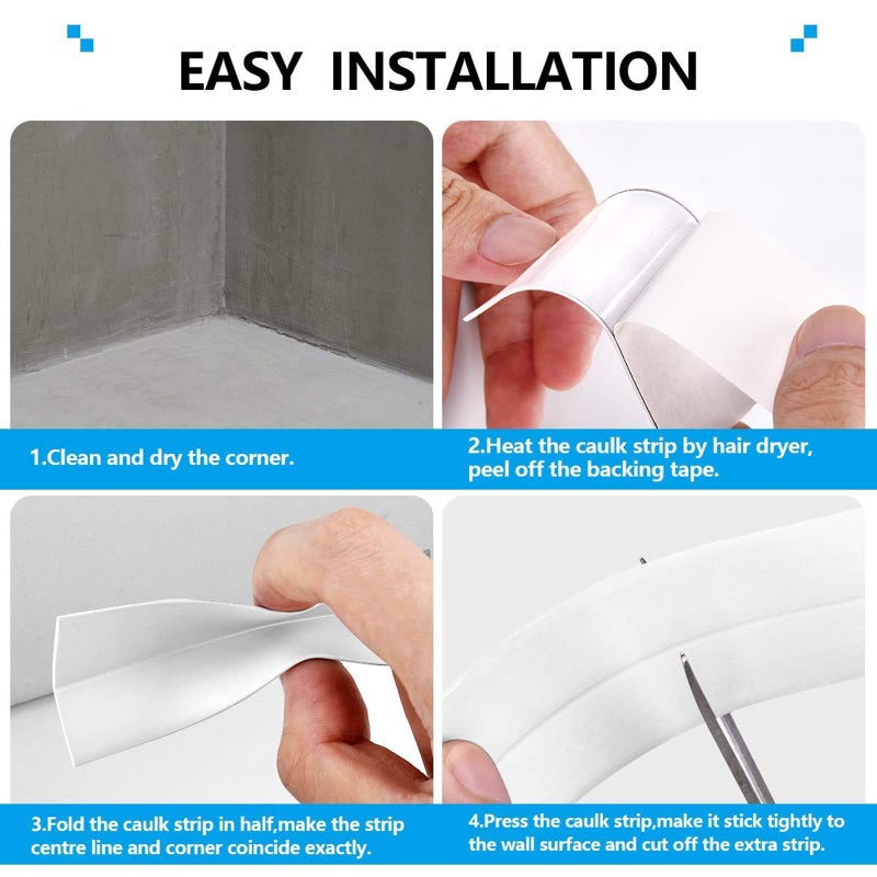 AJIODA 2 Pack Caulk Strip Tape, PVC Self Adhesive Caulking Sealing Tape Tub Wall Caulk Strip Shower Tile Sealer Adhesive Sealant for Kitchen Sink Toilet Bathroom Bathtub Wall Edge Protector, White - Image 5