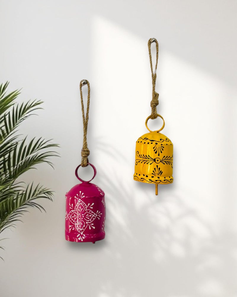 WARMINGO DE 2 PC Bell Wall Hanging Decor | Garden Tree Hanging Bells Decoration | Handpainted Hanging Ornaments for Home Living Room Wind Chime (Pink & Yellow) - Image 1