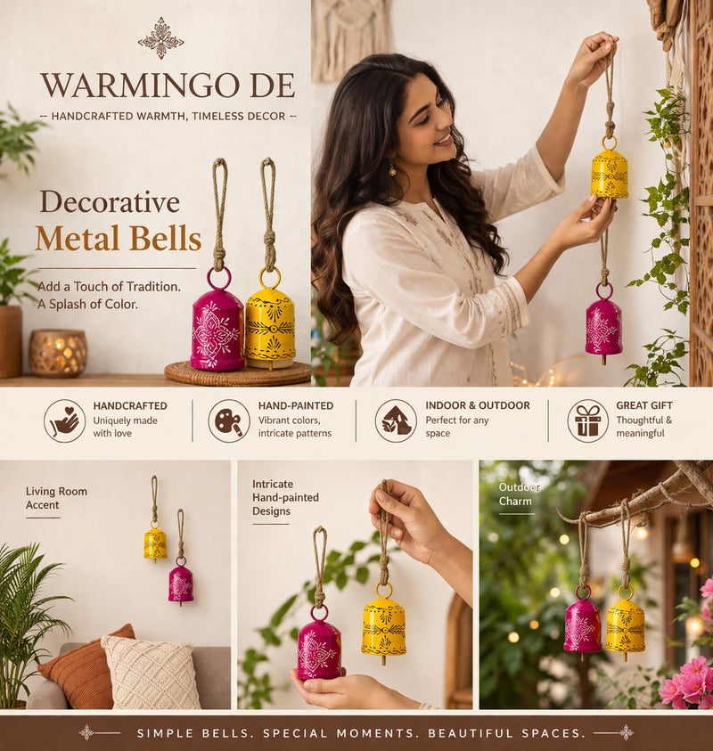 WARMINGO DE 2 PC Bell Wall Hanging Decor | Garden Tree Hanging Bells Decoration | Handpainted Hanging Ornaments for Home Living Room Wind Chime (Pink & Yellow) - Image 2