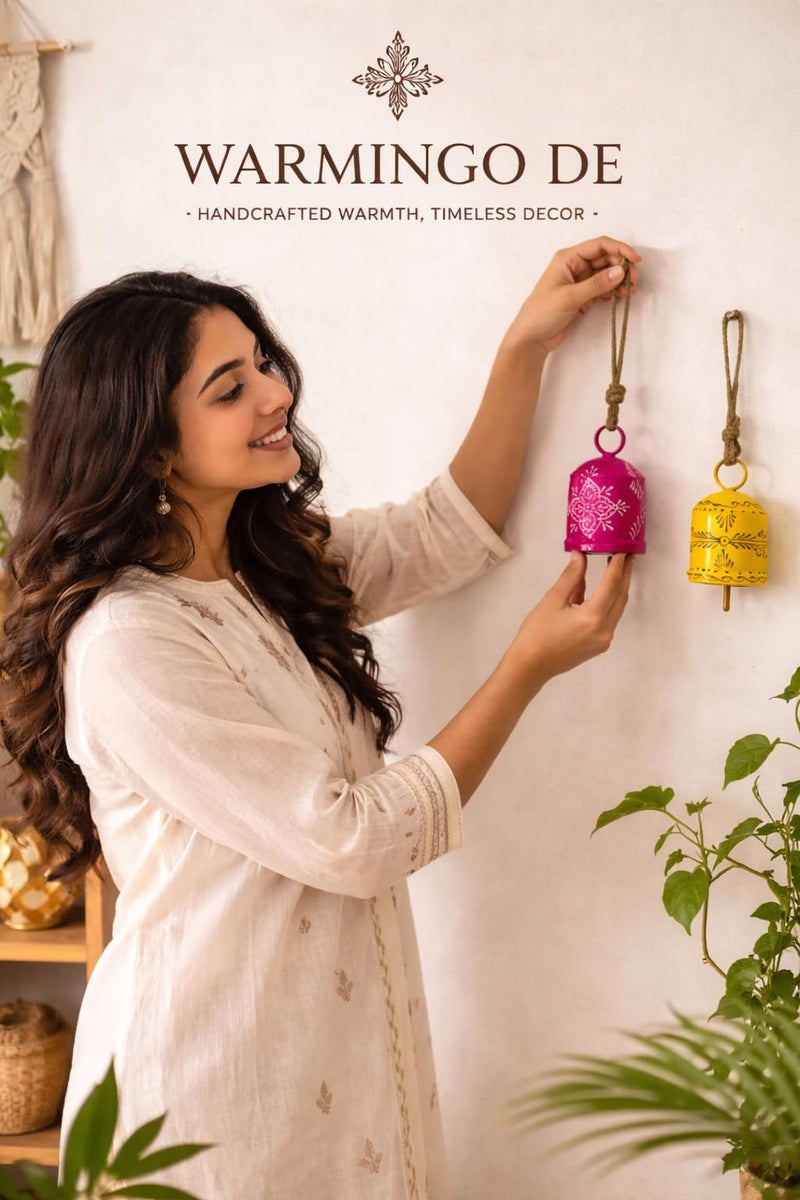WARMINGO DE 2 PC Bell Wall Hanging Decor | Garden Tree Hanging Bells Decoration | Handpainted Hanging Ornaments for Home Living Room Wind Chime (Pink & Yellow) - Image 4