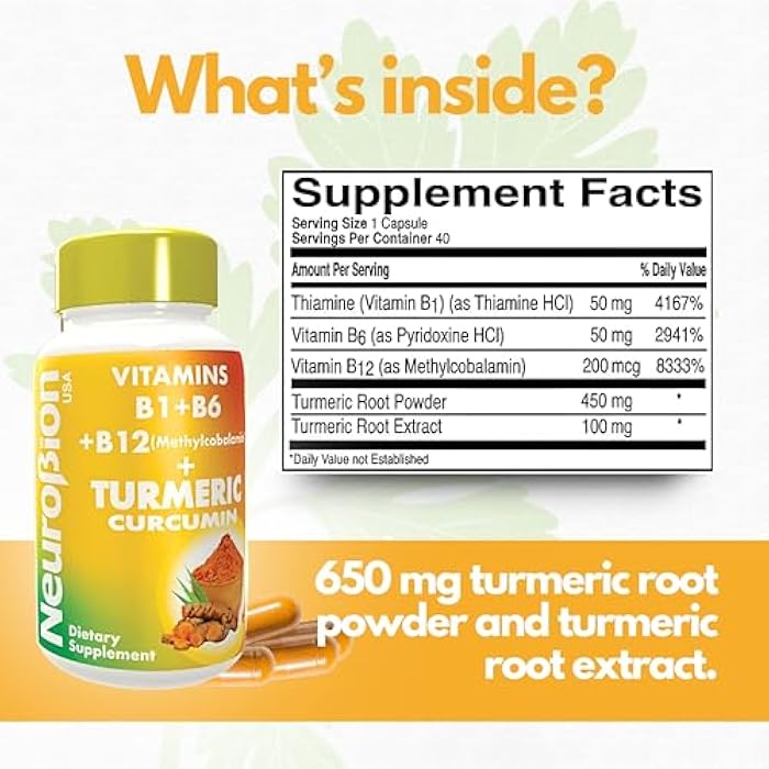 Neurobion Turmeric Curcumin 650 mg Herbal Supplement for Antioxidant Support, High Absorption Ultra Potent Turmeric Supplement Multivitamins Complex with B12, 40 Capsules - Image 2