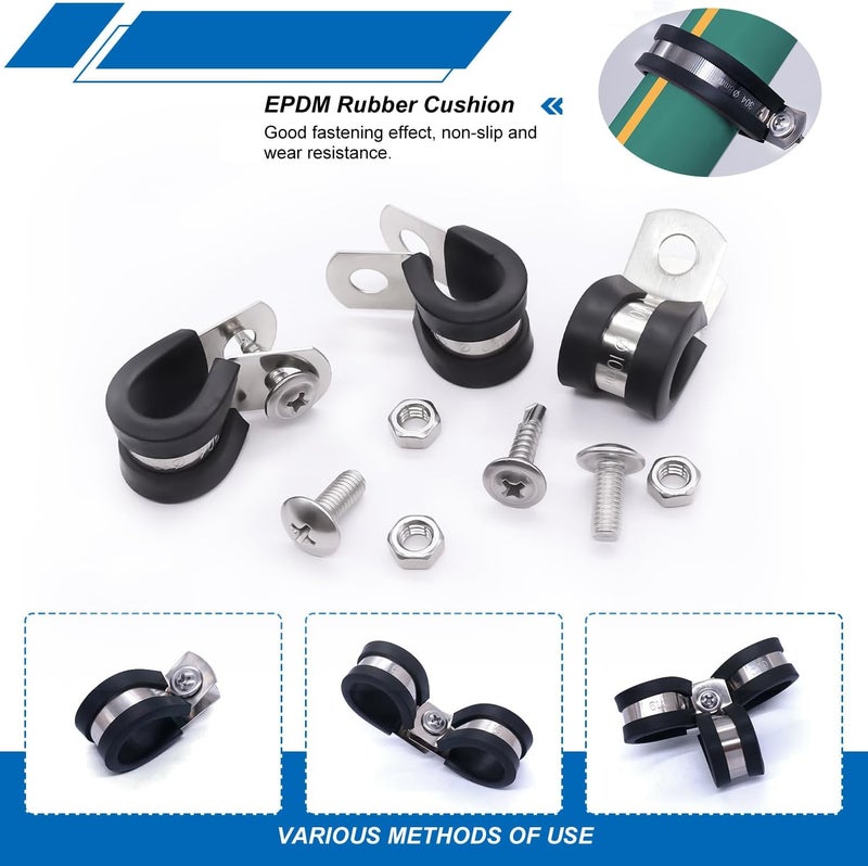Twidec /50PCS 3/8 Inch Cable Clamp 304 Stainless Steel Rubber Coated Cushion Pipe Clamps,Metal Clamp,With Metal Rubber Clips For Automotive Wire Tube Pipe Clamps N-056-3/8 - Image 4