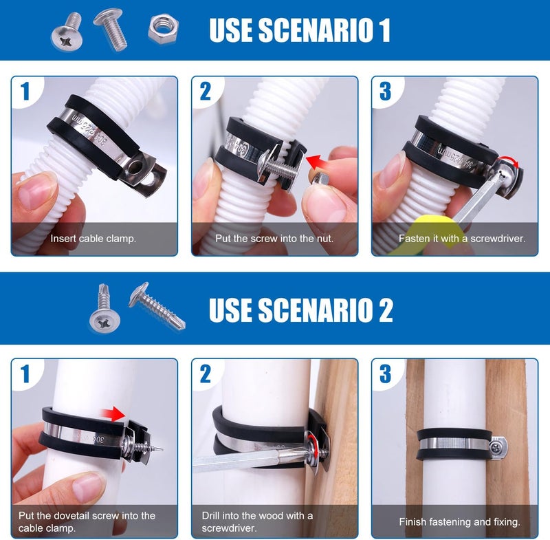 Twidec /50PCS 3/8 Inch Cable Clamp 304 Stainless Steel Rubber Coated Cushion Pipe Clamps,Metal Clamp,With Metal Rubber Clips For Automotive Wire Tube Pipe Clamps N-056-3/8 - Image 5