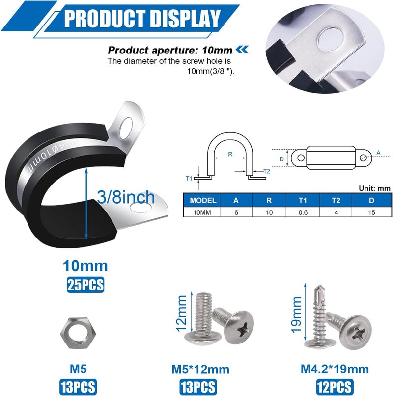 Twidec /50PCS 3/8 Inch Cable Clamp 304 Stainless Steel Rubber Coated Cushion Pipe Clamps,Metal Clamp,With Metal Rubber Clips For Automotive Wire Tube Pipe Clamps N-056-3/8 - Image 2