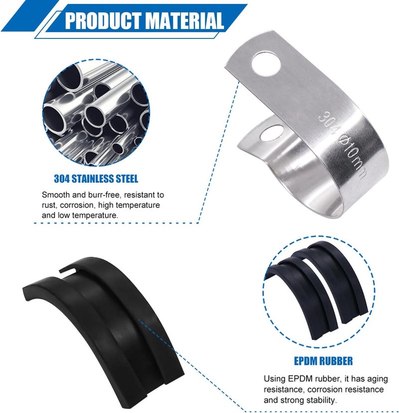 Twidec /50PCS 3/8 Inch Cable Clamp 304 Stainless Steel Rubber Coated Cushion Pipe Clamps,Metal Clamp,With Metal Rubber Clips For Automotive Wire Tube Pipe Clamps N-056-3/8 - Image 3