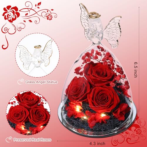 Tiaronics Mothers Day Mom Gifts for Women Preserved Flowers in Glass Angel Forever Flowers Gifts Eternal Roses Gifts for Grandma - Red - Image 2