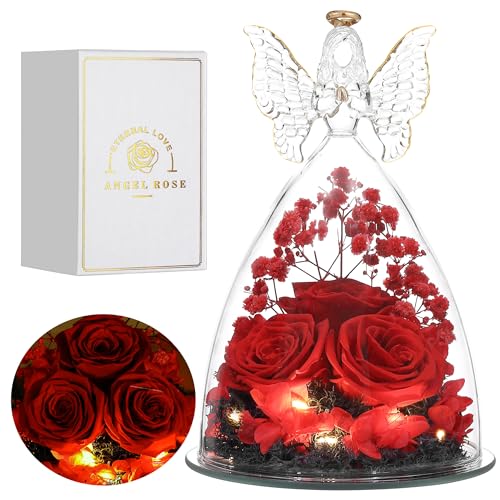 Tiaronics Mothers Day Mom Gifts for Women Preserved Flowers in Glass Angel Forever Flowers Gifts Eternal Roses Gifts for Grandma - Red - Image 1