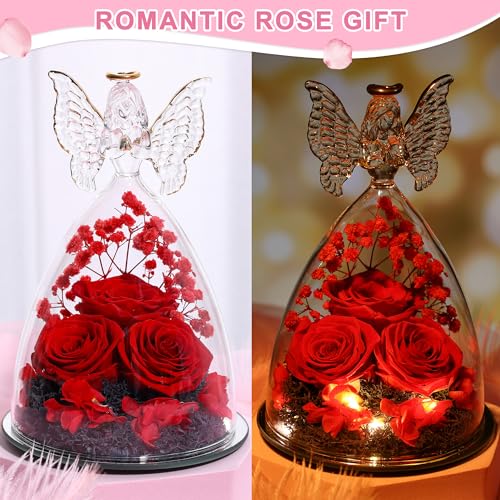 Tiaronics Mothers Day Mom Gifts for Women Preserved Flowers in Glass Angel Forever Flowers Gifts Eternal Roses Gifts for Grandma - Red - Image 3