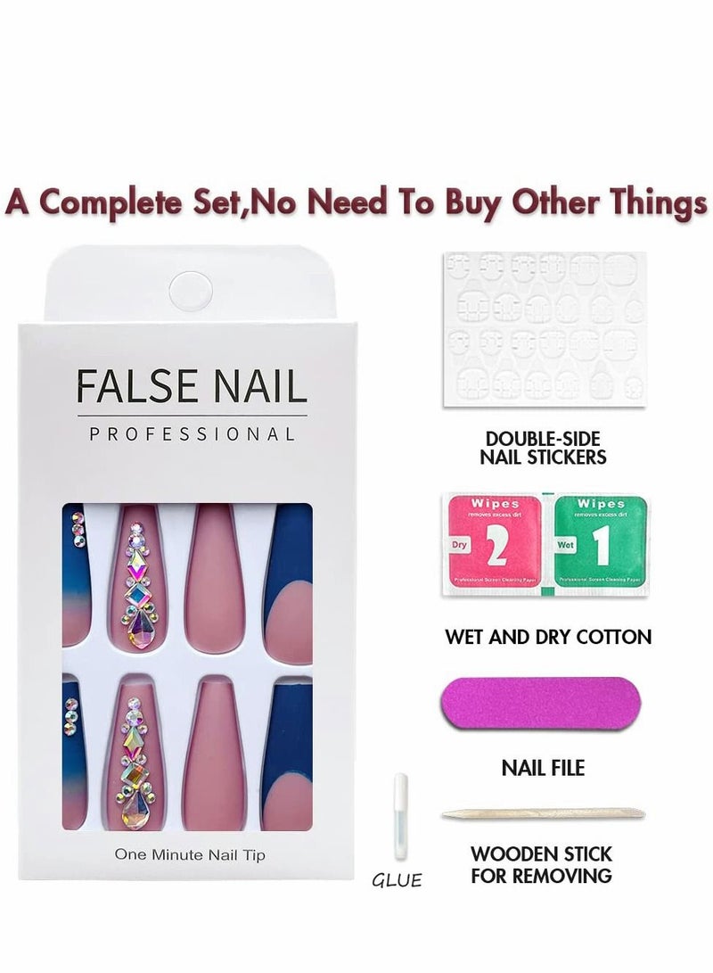 Excefore Press on Nails,  24 PCS Blue French Tip Extra Long Matte Nude Pink Ballerina Fake Nails with Rhinestones Square Coffin Glue Stick for Women Girls Finger Manicure False - Image 3
