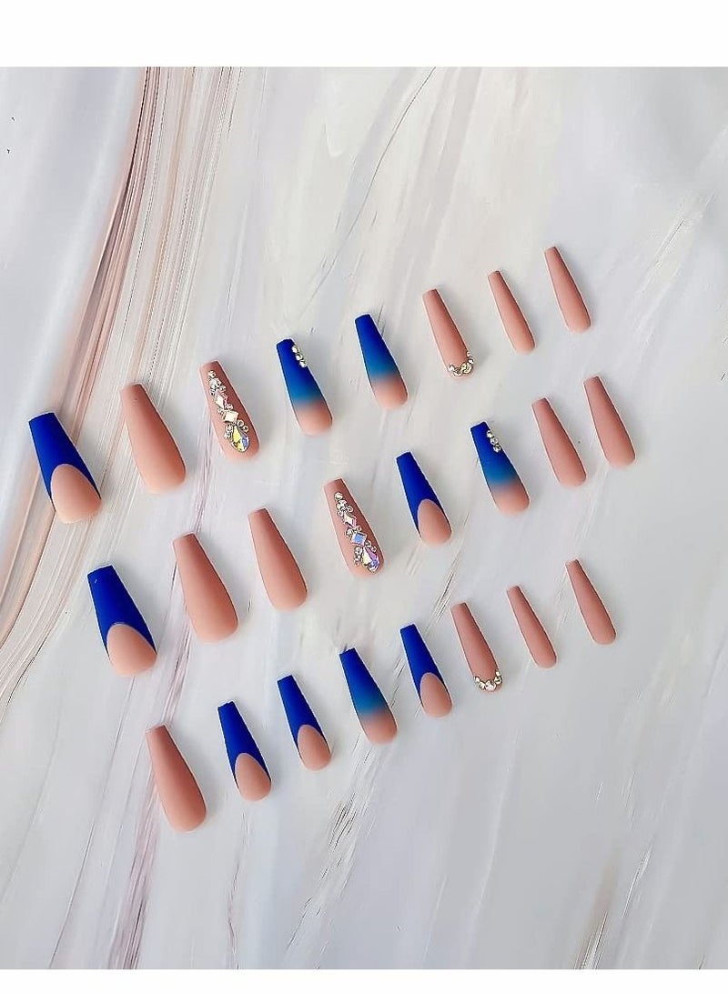 Excefore Press on Nails,  24 PCS Blue French Tip Extra Long Matte Nude Pink Ballerina Fake Nails with Rhinestones Square Coffin Glue Stick for Women Girls Finger Manicure False - Image 5