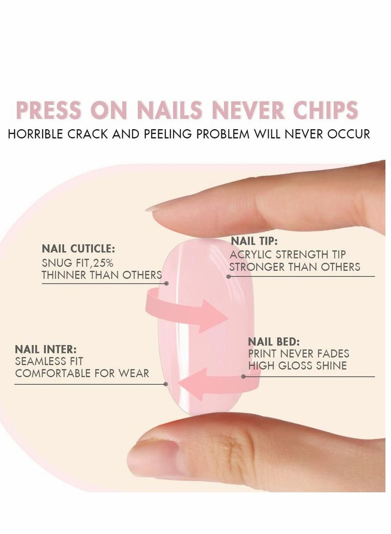 Excefore Press on Nails,  24 PCS Blue French Tip Extra Long Matte Nude Pink Ballerina Fake Nails with Rhinestones Square Coffin Glue Stick for Women Girls Finger Manicure False - Image 4