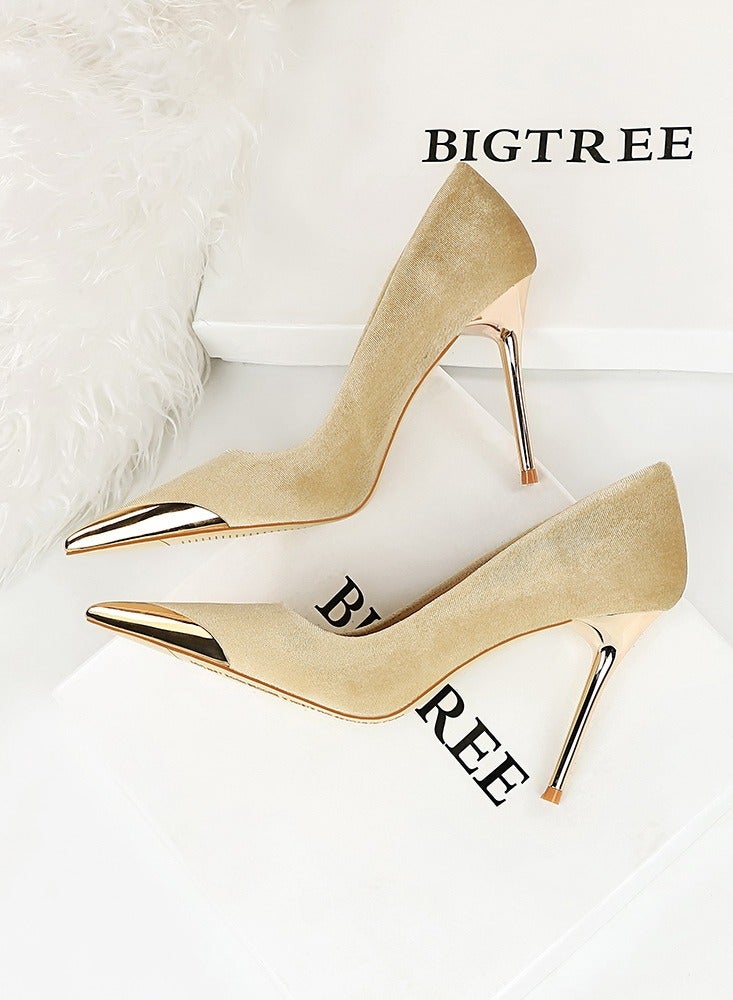 BIGTREE Women's Elegant Velour Stiletto Pumps 10 CM Fashion Gorgeous Closed Metal Pointed Toe Slip On Solid High Heels Apricot - Image 3