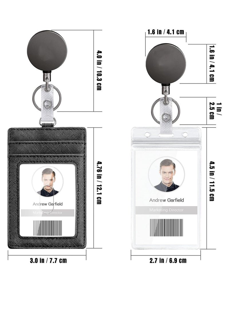 MJZ 2pcs Heavy Duty Vertical ID Card Holder Metal Retractable Badge Holder Reel with Belt Clip Key Ring, Waterproof Clear and PU Leather Badge Holder - Image 2