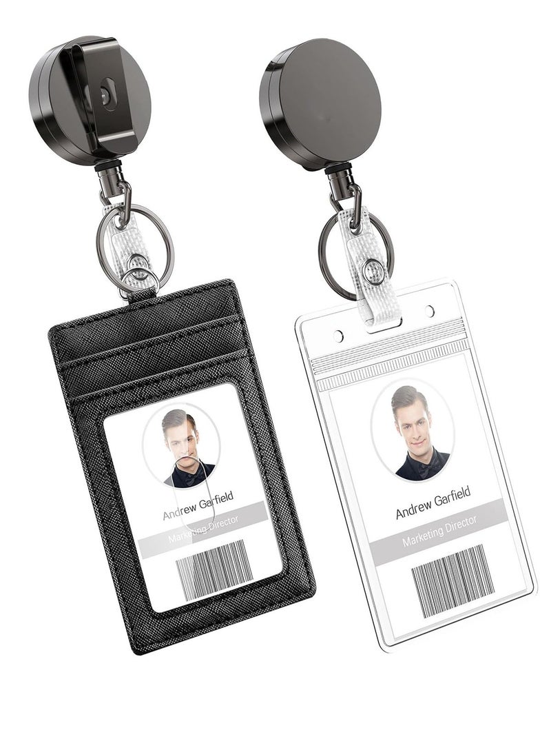 MJZ 2pcs Heavy Duty Vertical ID Card Holder Metal Retractable Badge Holder Reel with Belt Clip Key Ring, Waterproof Clear and PU Leather Badge Holder - Image 1