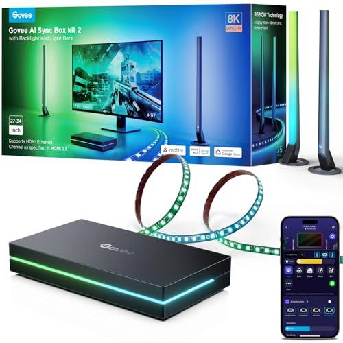 Govee HDMI 2.1 Sync Box Kit 2, Includes AI Sync Box, Light Bars, and Monitor Backlight, Supports 8K@60Hz, 4K@144Hz, VRR and ALLM, Works with Matter and Alexa, RGBIC Light Strip for 27-34 inch Monitor - Image 1