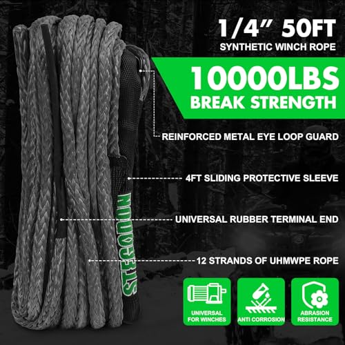 STEGODON Synthetic Winch Rope, 1/4'' x 50ft 10,000LBS Synthetic Winch Line 1/4 Winch Cable Replacement Synthetic Rope with Forged Winch Hook and Rubber Stopper for 4WD Off Road Vehicle ATV UTV (Gray) - Image 4