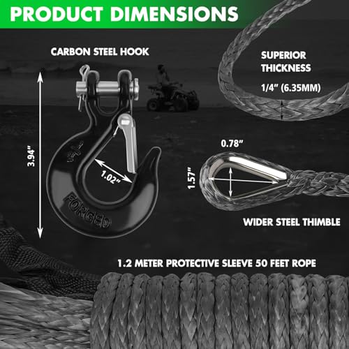 STEGODON Synthetic Winch Rope, 1/4'' x 50ft 10,000LBS Synthetic Winch Line 1/4 Winch Cable Replacement Synthetic Rope with Forged Winch Hook and Rubber Stopper for 4WD Off Road Vehicle ATV UTV (Gray) - Image 3