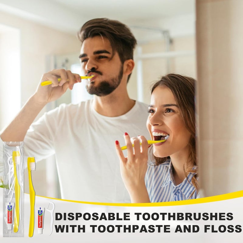 FAOEHN 50 pcs Disposable Toothbrushes with Toothpaste and Floss,Yellow Bulk Single Use Toothbrush Floss Pick Individually Wrapped Disposable Travel Toothbrushes Kit for Homeless,Airbnb,Hotel,Guest - Image 2