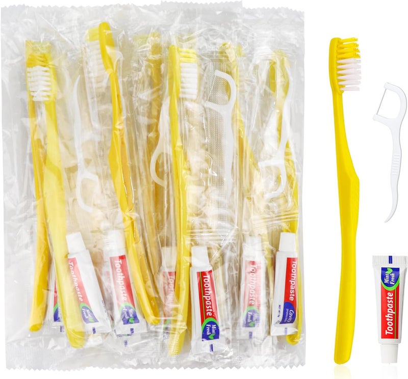 FAOEHN 50 pcs Disposable Toothbrushes with Toothpaste and Floss,Yellow Bulk Single Use Toothbrush Floss Pick Individually Wrapped Disposable Travel Toothbrushes Kit for Homeless,Airbnb,Hotel,Guest - Image 1