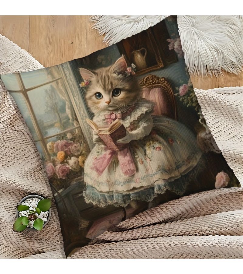 غطية وسادة قطة بفستان زهري 18×18 بوصة ناعمة مخملية مزودة بسحاب قابلة للغسل في الغسالة ديكور - Image 4