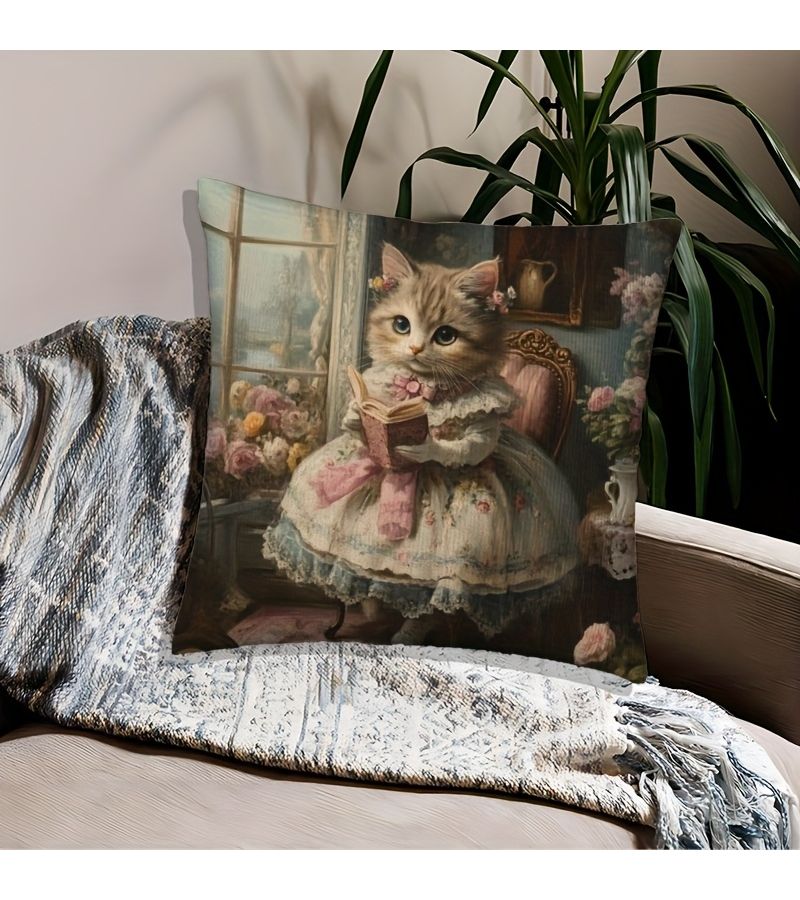 غطية وسادة قطة بفستان زهري 18×18 بوصة ناعمة مخملية مزودة بسحاب قابلة للغسل في الغسالة ديكور - Image 2