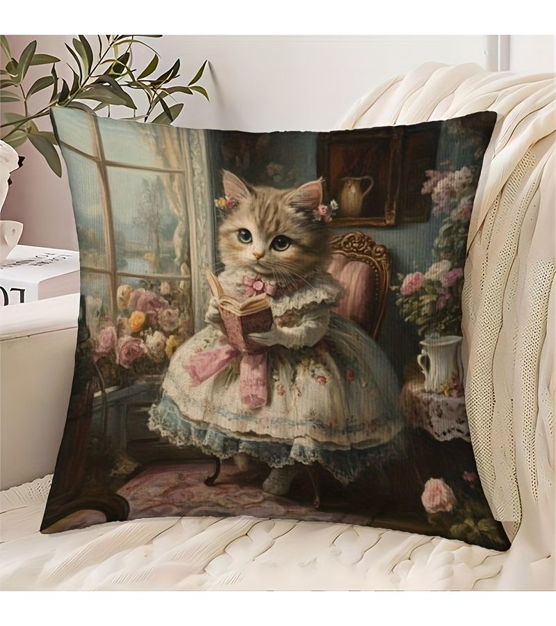 غطية وسادة قطة بفستان زهري 18×18 بوصة ناعمة مخملية مزودة بسحاب قابلة للغسل في الغسالة ديكور - Image 1