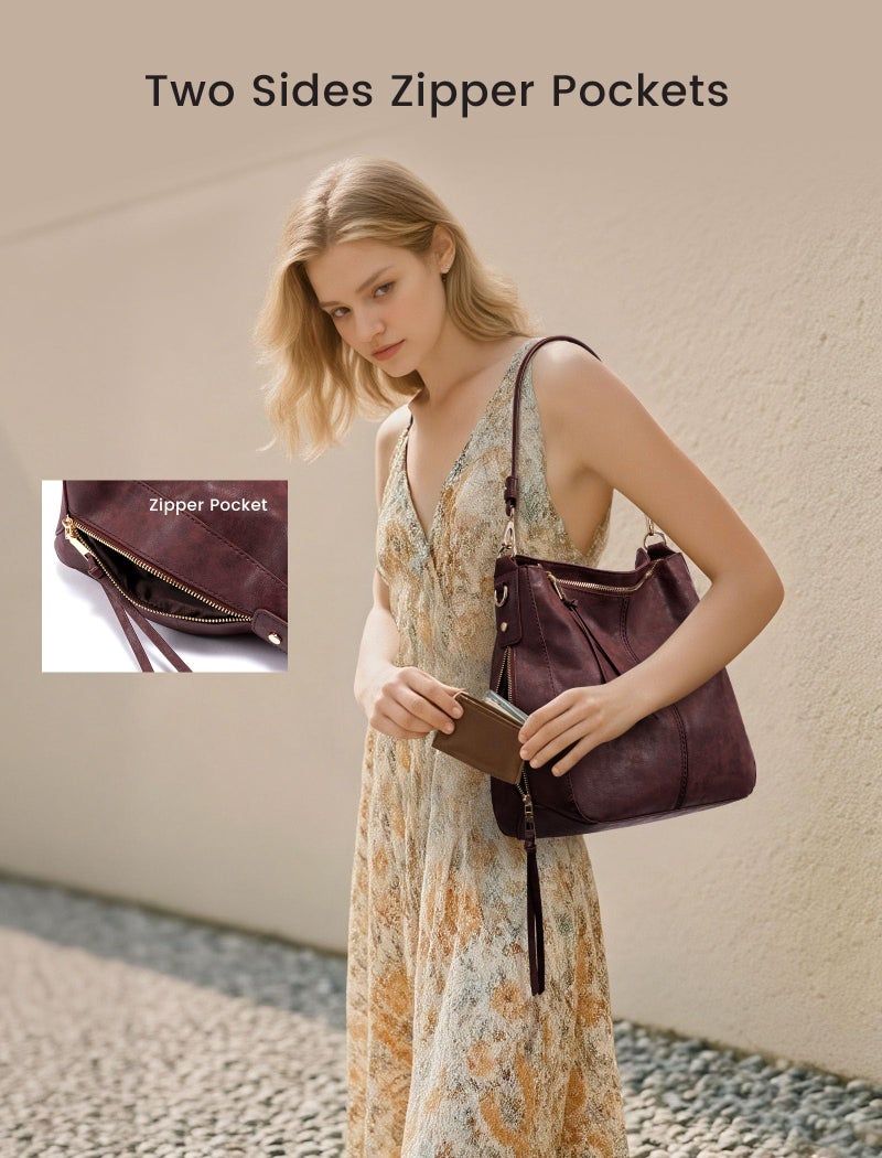 Realer Handbags for Women Hobo Bag Medium Ladies Crossbody Shoulder Bag Faux Leather,Dark Red Brown - Image 2
