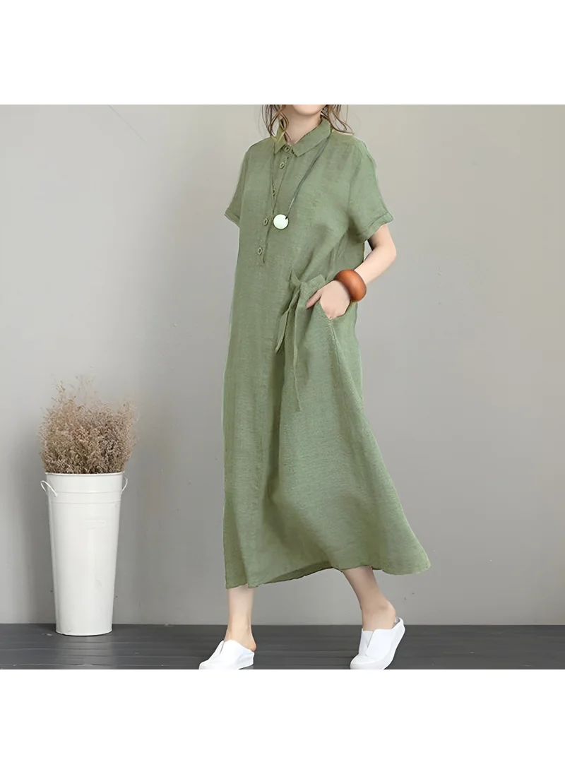 Barbora Linen Casual Short Sleeve Full Length Summer Casual Women's Dress LN245HAKI8