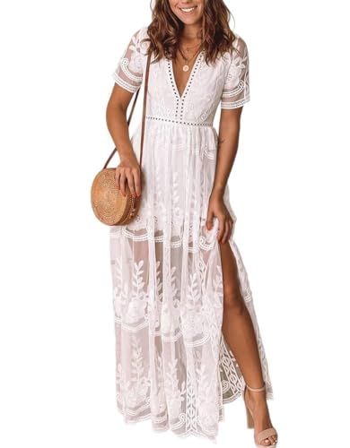 Eleter Women's Lace Romper Dress V Neck Split Boho Beach Wedding Guest Bridesmaid Dress Bohemian Flowy Long Maxi Dress(M,White) - Image 1