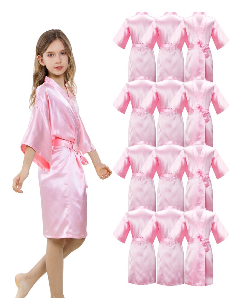 ALHAVONE 12 Pieces Girls Kids Silky Satin Solid Color Short Kimono Robes for Wedding Birthday Party Spa (Pink Set of 12, 14) - Image 2