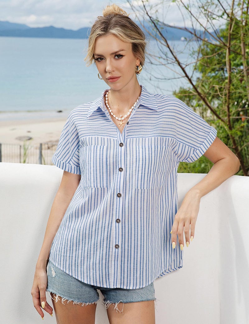 Kistore Womens Short Sleeve Shirts V Neck Collared Button Down Shirt Tops Lace Blue Striped Business Work Blouses with Pockets M - Image 2