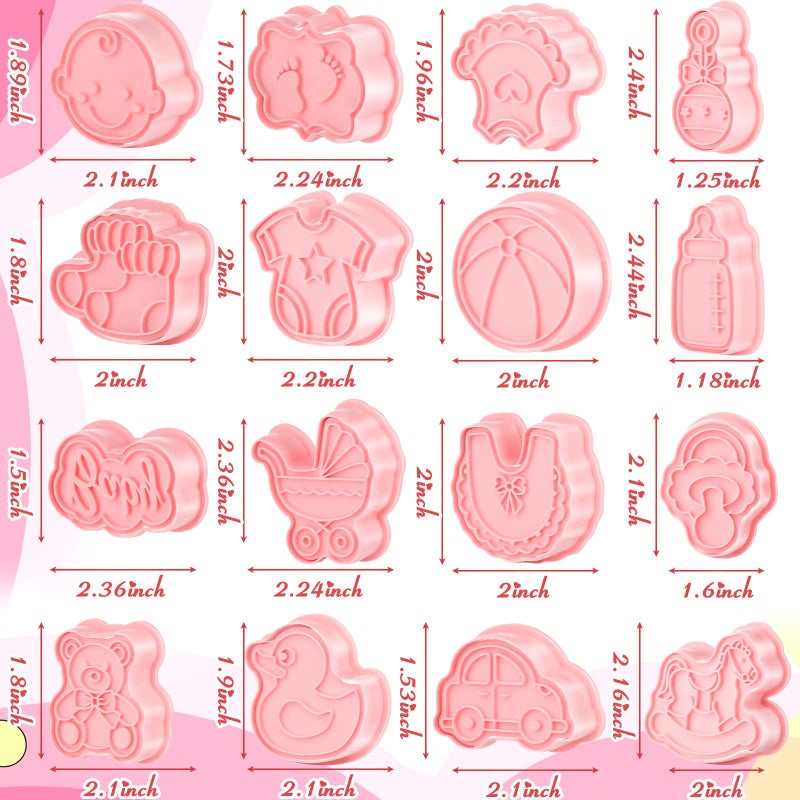 Jinei 16 Pcs Baby Shower Cookie Cutters Kids Cookie Cutter with Plunger Stamps DIY Fondant 3D Stampers Molds for Baking Biscuit Birthday Party Kitchen Tools  Bib Baby Bottle Pacifier Rattle Carriage - Image 2