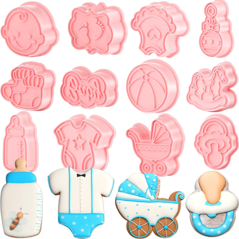 Jinei 16 Pcs Baby Shower Cookie Cutters Kids Cookie Cutter with Plunger Stamps DIY Fondant 3D Stampers Molds for Baking Biscuit Birthday Party Kitchen Tools  Bib Baby Bottle Pacifier Rattle Carriage - Image 1