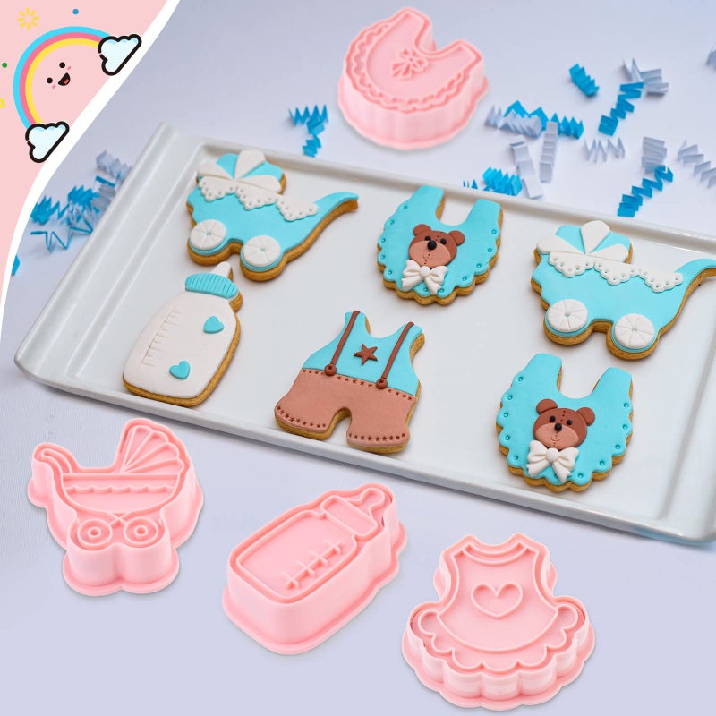 Jinei 16 Pcs Baby Shower Cookie Cutters Kids Cookie Cutter with Plunger Stamps DIY Fondant 3D Stampers Molds for Baking Biscuit Birthday Party Kitchen Tools  Bib Baby Bottle Pacifier Rattle Carriage - Image 5