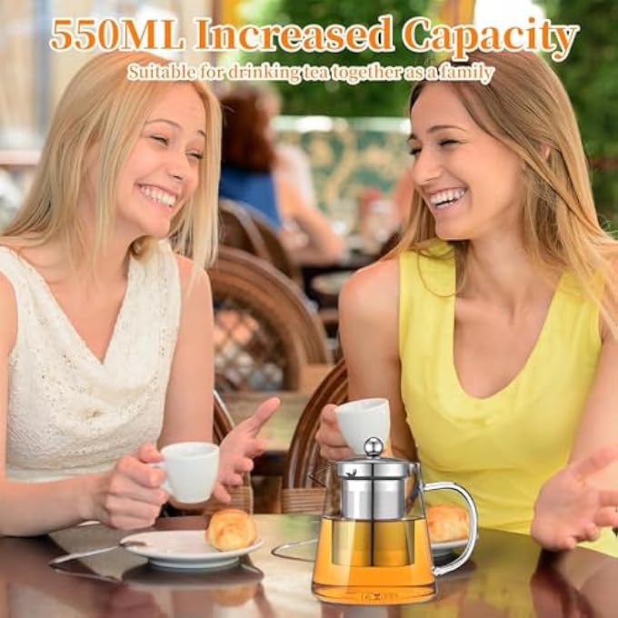 ريحني إبريق شاي زجاجي مع مصفاة من الفولاذ المقاوم للصدأ، غلاية شاي من البورسليكات، صانع شاي شفاف لأوراق الشاي السائبة 550 مل - Image 2