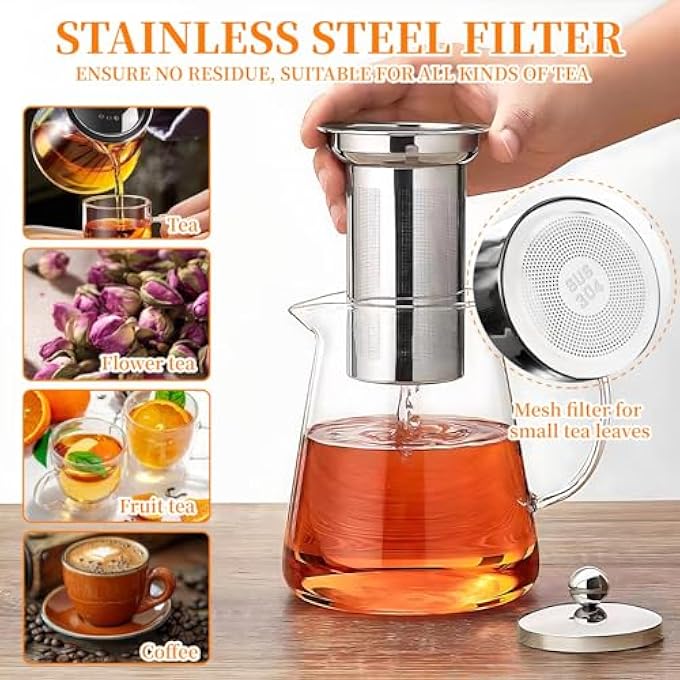 ريحني إبريق شاي زجاجي مع مصفاة من الفولاذ المقاوم للصدأ، غلاية شاي من البورسليكات، صانع شاي شفاف لأوراق الشاي السائبة 550 مل - Image 4